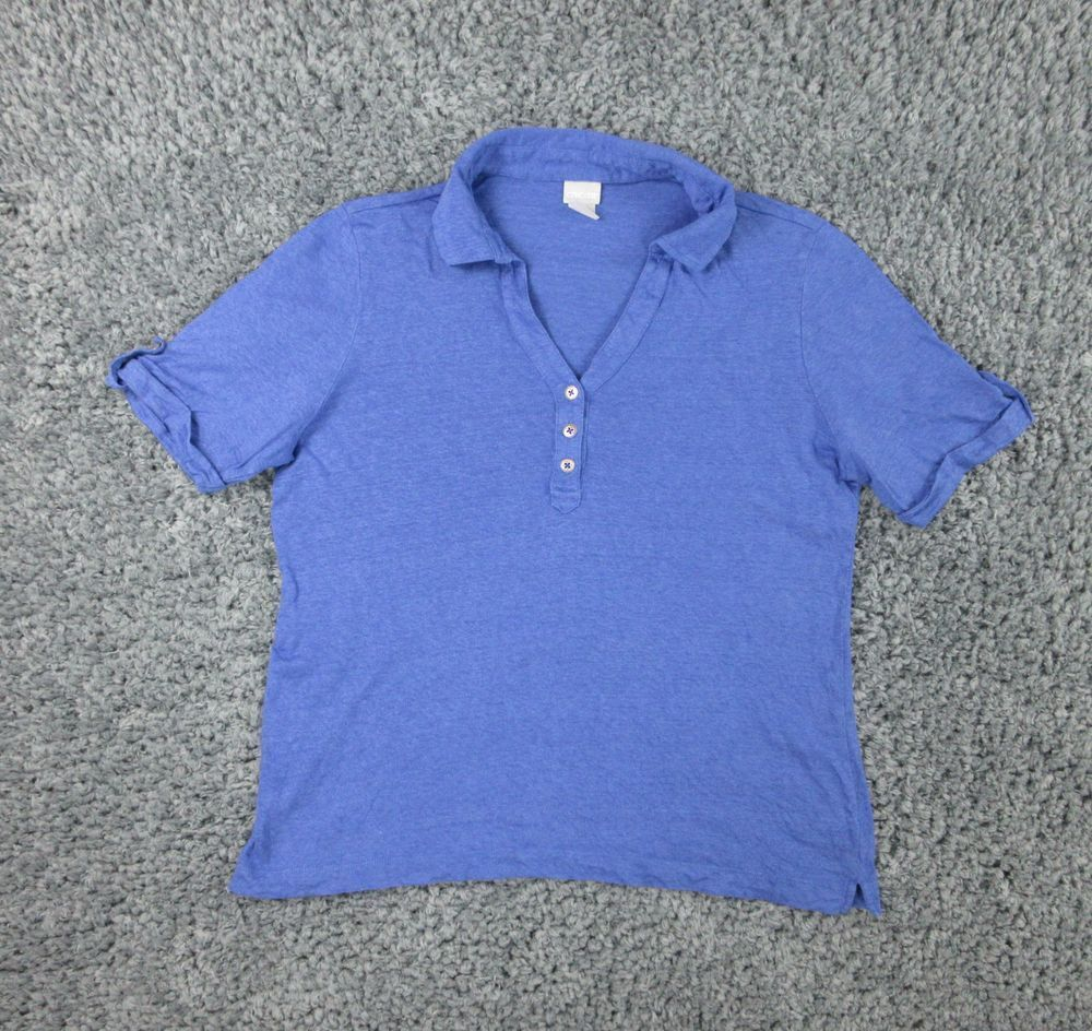 Chico's Shirt Womens 2 US 12 Blue Linen Roll Cuff Short Sleeve Polo